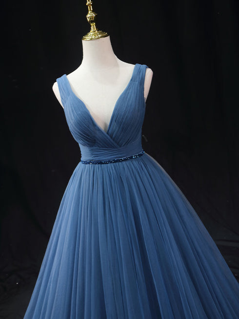 Royal Blue Tulle Ball Gown Wedding Dress - V-Neck Evening Dress - Sleeveless Corset Back Wedding Dress Plus Size